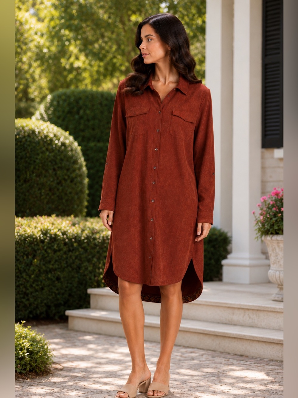 UMGEE The Willowridge Amber Rust Suede Button-Down Cardigan Dress Sz M